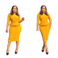 Yellow Peplum With Waist Belt Elegant Office Women Career Dresses